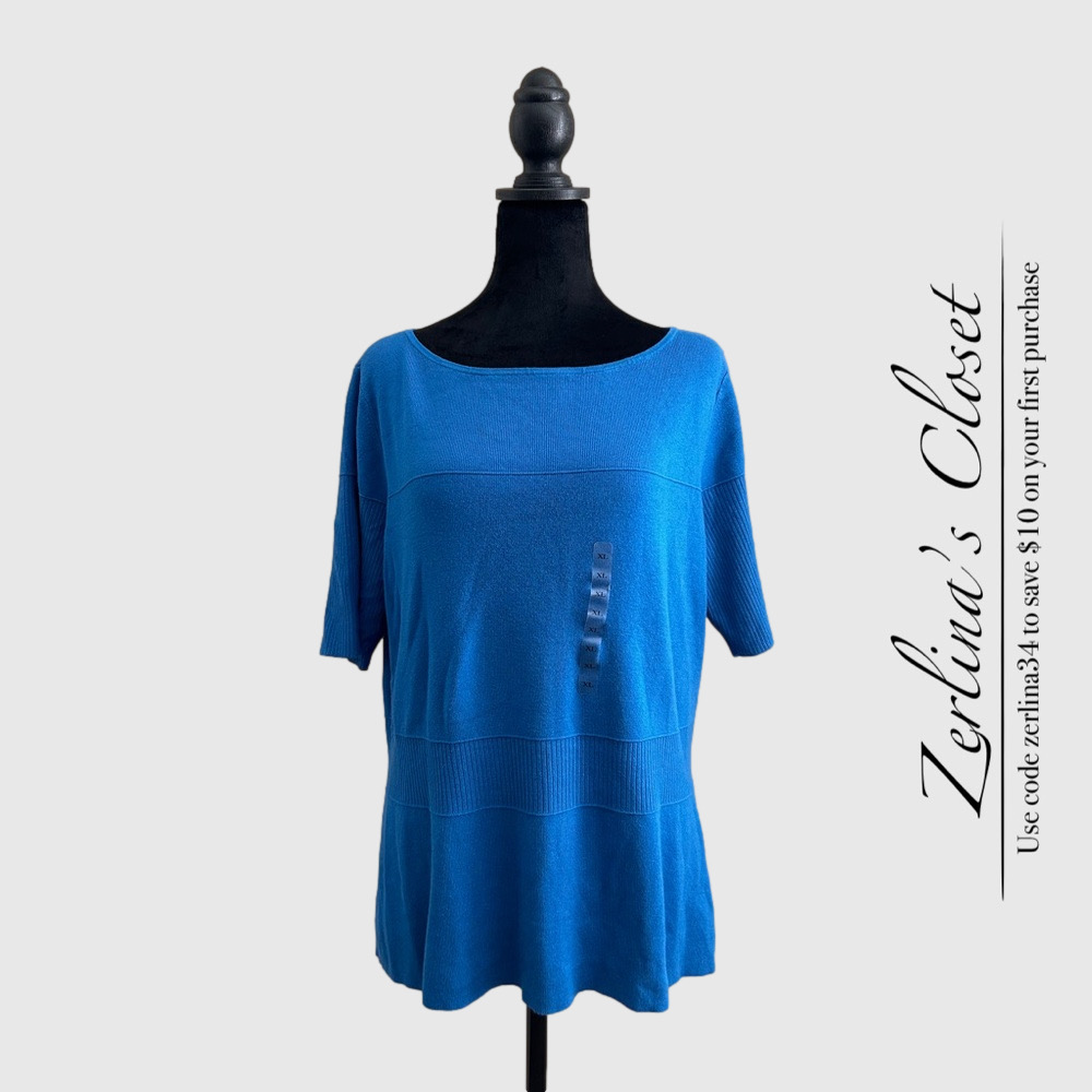 Ann Taylor Short Sleeve Knit Top Blue XL
